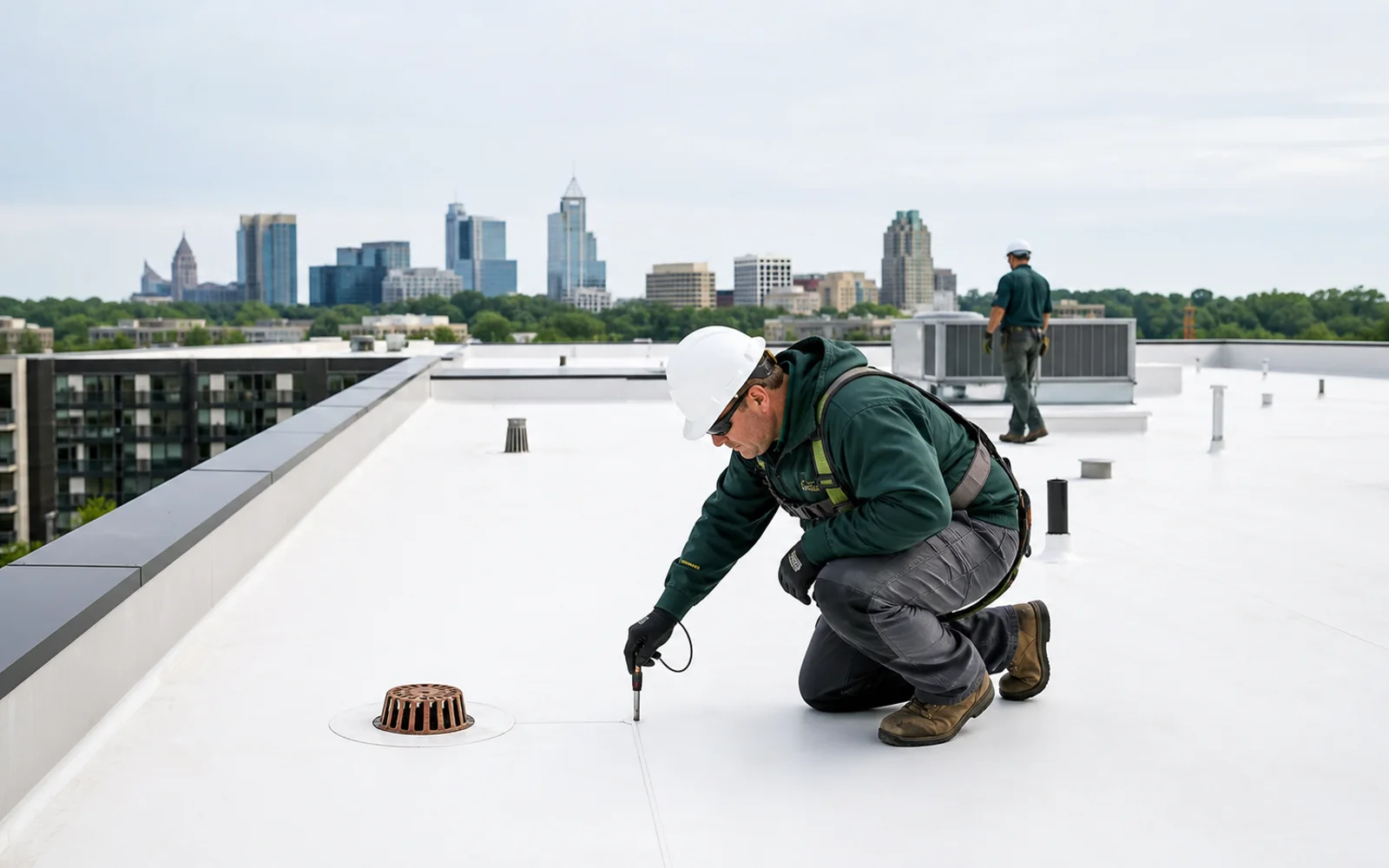 Commercial roofer inspecting a white membrane roof with Raleigh skyline