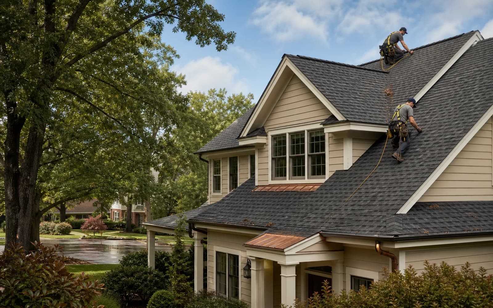 Raleigh roofing crew working safely on an architectural shingle roof